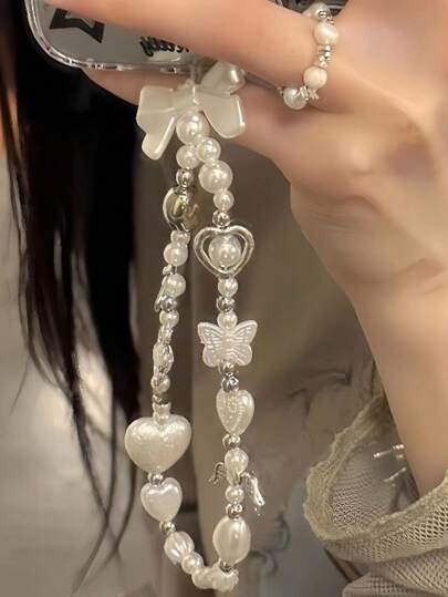 バロック調 スマホストラップ、ビーズ装飾チェーン、スマホ、ブレスレット、カメラ、バッグ、キーホルダー用チャームストラップ - パール, バタフライデコレーション