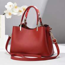 Bộ 1 túi đeo chéo và túi đeo vai bằng da mềm màu trơn, quà tặng sinh nhật, túi xách da PU nhiều lớp cho mẹ dùng đi làm và sử dụng hàng ngày, thiết yếu cho hoạt động ngoài trời và du lịch - Màu Đỏ Sâu - Xem 5