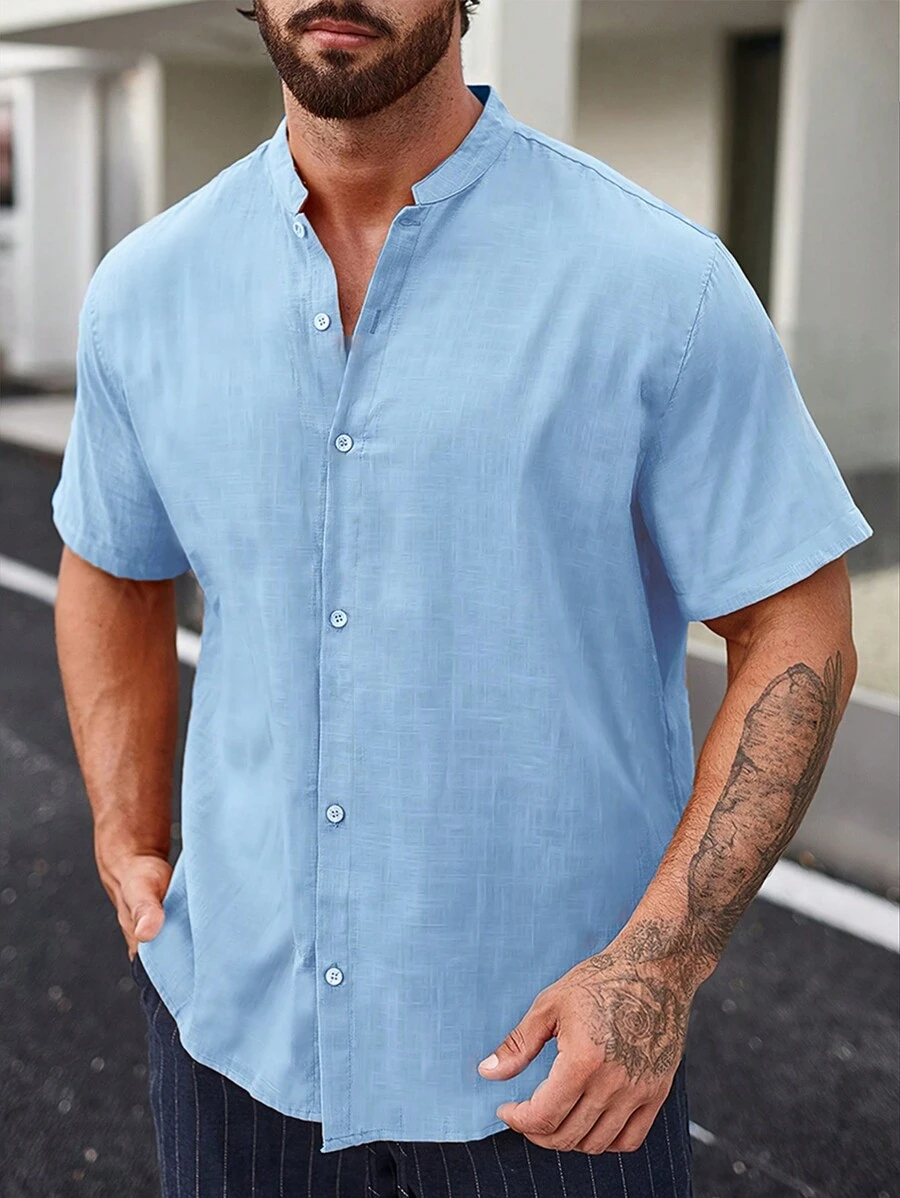 Camisa de playa de manga corta y color liso para hombres de talla grande - Celeste - Ver 1