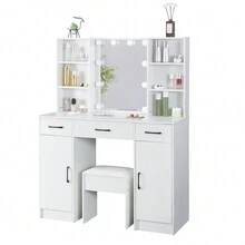 Large Dressing Table With 10 LED Mirror + 3 Drawers Stool Vanity Makeup Table - White - View 5