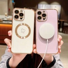 1pc Electroplated Heart Shaped Magnetic CD Textured Phone Case Compatible With Samsung S23FE/ S24FE - Pink - View 3