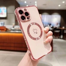 1pc Electroplated Heart Shaped Magnetic CD Textured Phone Case Compatible With Samsung S23FE/ S24FE - Pink - View 2