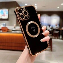 1pc Electroplated Heart Shaped Magnetic CD Textured Phone Case Compatible With Samsung S23FE/ S24FE - Pink - View 6