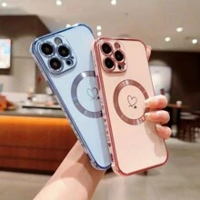 1pc Electroplated Heart Shaped Magnetic CD Textured Phone Case Compatible With Samsung S23FE/ S24FE - Pink - View 1