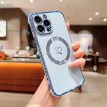 1pc Electroplated Heart Shaped Magnetic CD Textured Phone Case Compatible With Samsung S23FE/ S24FE - Pink - View 4