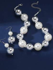 Bộ 3 chiếc/Bộ Vòng cổ hạt ngọc trai nhiều lớp phong cách Baroque phóng đại & Vòng cổ choker dành cho nữ - bộ dây chuyền ba mảnh - Xem 5