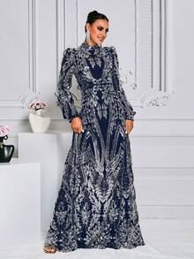 Women's Stand Collar Lantern Sleeve Sequin Gorgeous Arabian Dress Elegant Long Sleeve Formal Evening Prom Wedding Guest Gown, For Graduation, Dinner Party Dress - Navy Blue - View 5