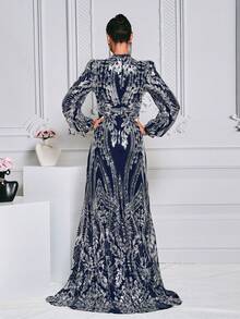 Women's Stand Collar Lantern Sleeve Sequin Gorgeous Arabian Dress Elegant Long Sleeve Formal Evening Prom Wedding Guest Gown, For Graduation, Dinner Party Dress - Navy Blue - View 7