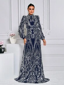 Women's Stand Collar Lantern Sleeve Sequin Gorgeous Arabian Dress Elegant Long Sleeve Formal Evening Prom Wedding Guest Gown, For Graduation, Dinner Party Dress - Navy Blue - View 2