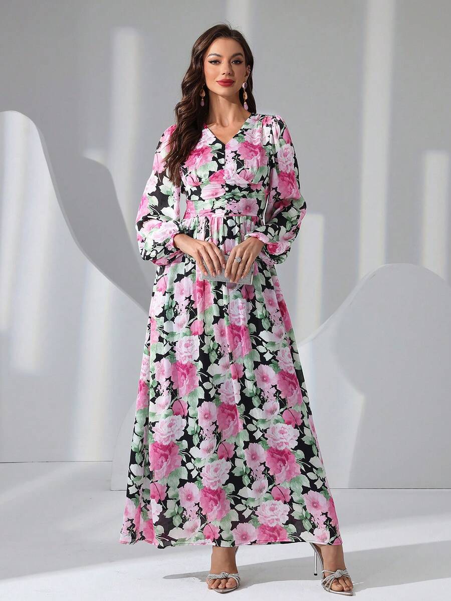 Women Flower Print V-Neck Ultra Long Dinner Dress, Party Dress, Wedding Guest Dress, Formal Dress, Evening Dress