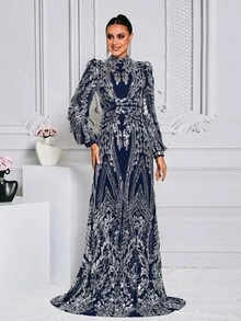 Women's Stand Collar Lantern Sleeve Sequin Gorgeous Arabian Dress Elegant Long Sleeve Formal Evening Prom Wedding Guest Gown, For Graduation, Dinner Party Dress - Navy Blue - View 3