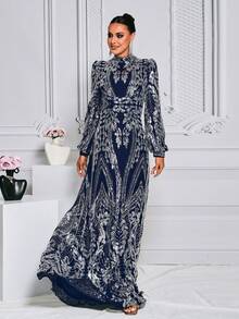 Women's Stand Collar Lantern Sleeve Sequin Gorgeous Arabian Dress Elegant Long Sleeve Formal Evening Prom Wedding Guest Gown, For Graduation, Dinner Party Dress - Navy Blue - View 6