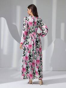 Women Flower Print V-Neck Ultra Long Dinner Dress, Party Dress, Wedding Guest Dress, Formal Dress, Evening Dress - Pink - View 3
