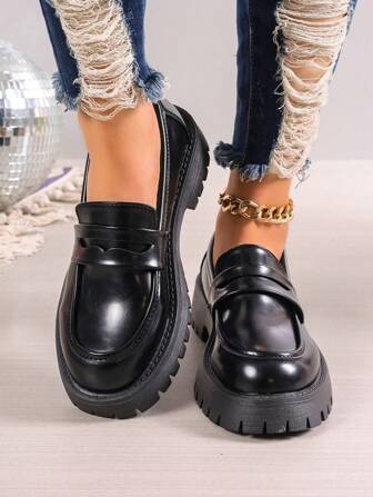 Women's Platform Loafers, Slip-On Design With Soft Sole, Round Toe, Chunky Heel Casual Shoes