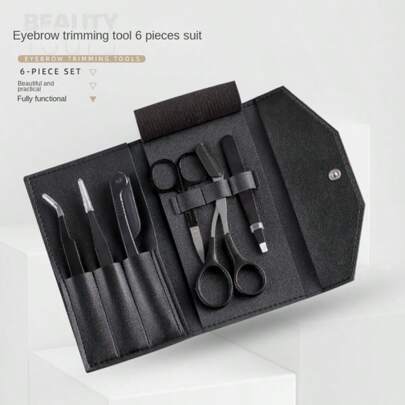 6 Peças Kit de Cuidados com as Sobrancelhas Preto - Pinça, Tesoura, Lâmina, Ferramentas de Beleza com Estojo de Armazenamento, Recomendado para Maquiadores e Iniciantes