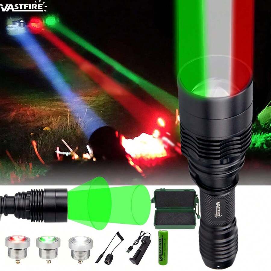 400yards Predator Light Interchangeable LED White RED GREEN Tactical Flashlight Zoom Focus Adjustable Torch Hunting Fishing Coyote Hog Varmint - 紅綠白光 - 查看 1