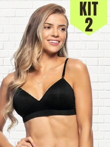 Kit 2 - Wire-Free Adjustable Thin Strap Fixed Cup Bra - 黑色 - 查看 1