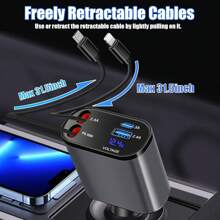 YITUMU 车载充电器，4 合 1 车载充电器，2 条伸缩电缆和 USB 车载充电器，带超快速闪光充电和伸缩电缆，便携式多功能手机车载充电器 - 銀色 - 查看 4