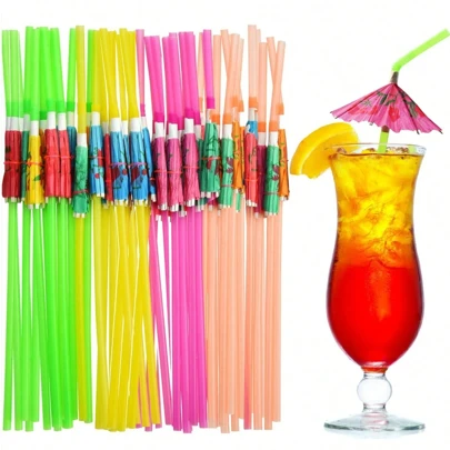 10/20/30/40/50/100/200pcs Umbrella Straws,Reusable Straws,Hawaiian Party Style Juice Sunshade Straws For Home Bar Summer Decoration,Perfect For Beach, Hawaiian, Luau Parties, Bars, And Decor Vendors - Plastic Material (Random Color,Random Pattern), For Outdoor, Camping