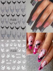 万圣节设计美甲贴纸发光可爱幽灵，闪光南瓜蝙蝠蜘蛛网，骷髅骨头自粘滑块装饰美甲 - 黑與白 - 查看 5