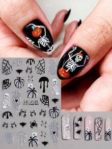 万圣节设计美甲贴纸发光可爱幽灵，闪光南瓜蝙蝠蜘蛛网，骷髅骨头自粘滑块装饰美甲 - 黑與白 - 查看 4