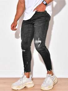 Men's Ripped Skinny Cropped Jeans - Dark Grey - View 3
