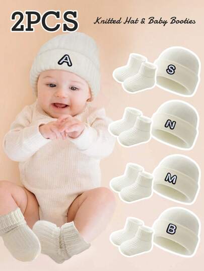 2 peças/conjunto de chapéu e meias de malha com letras para bebês, macio e quente para meninos e meninas, roupa diária no outono e inverno