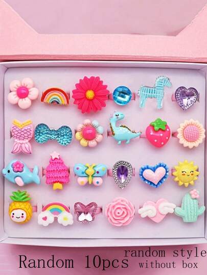 10pcs/Set Little Girl Jewel Rings Multicolor Lovely Animal Cartoon Ring Pretend Play And Dress Up Rings For Daughter Granddaughter Birthday Christmas Gifts,Random Style,Without Box