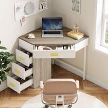 LITTLE TREE Triangle Computer Desk With 3 Drawers, Small Corner Desk With Reversible Storage, Writing Desk PC Table Makeup Vanity Desk For Home Office, Living Room, Bedroom - Cây sồi trắng - Xem 1