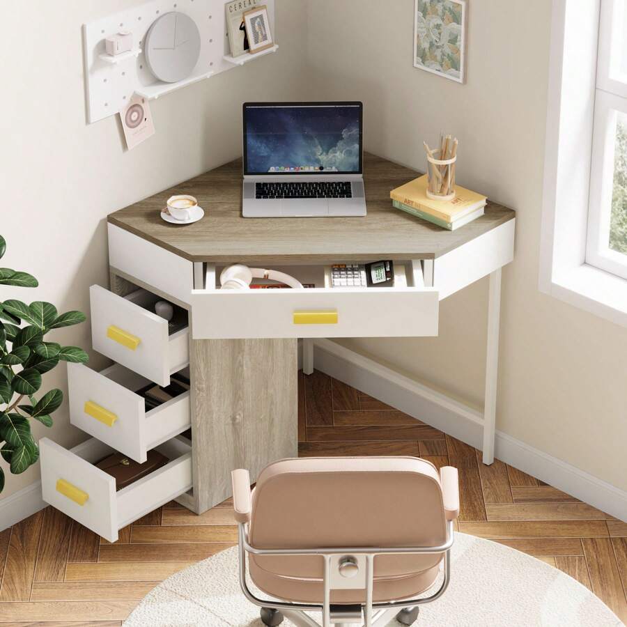 LITTLE TREE Triangle Computer Desk With 3 Drawers, Small Corner Desk With Reversible Storage, Writing Desk PC Table Makeup Vanity Desk For Home Office, Living Room, Bedroom - Cây sồi trắng - Xem 1