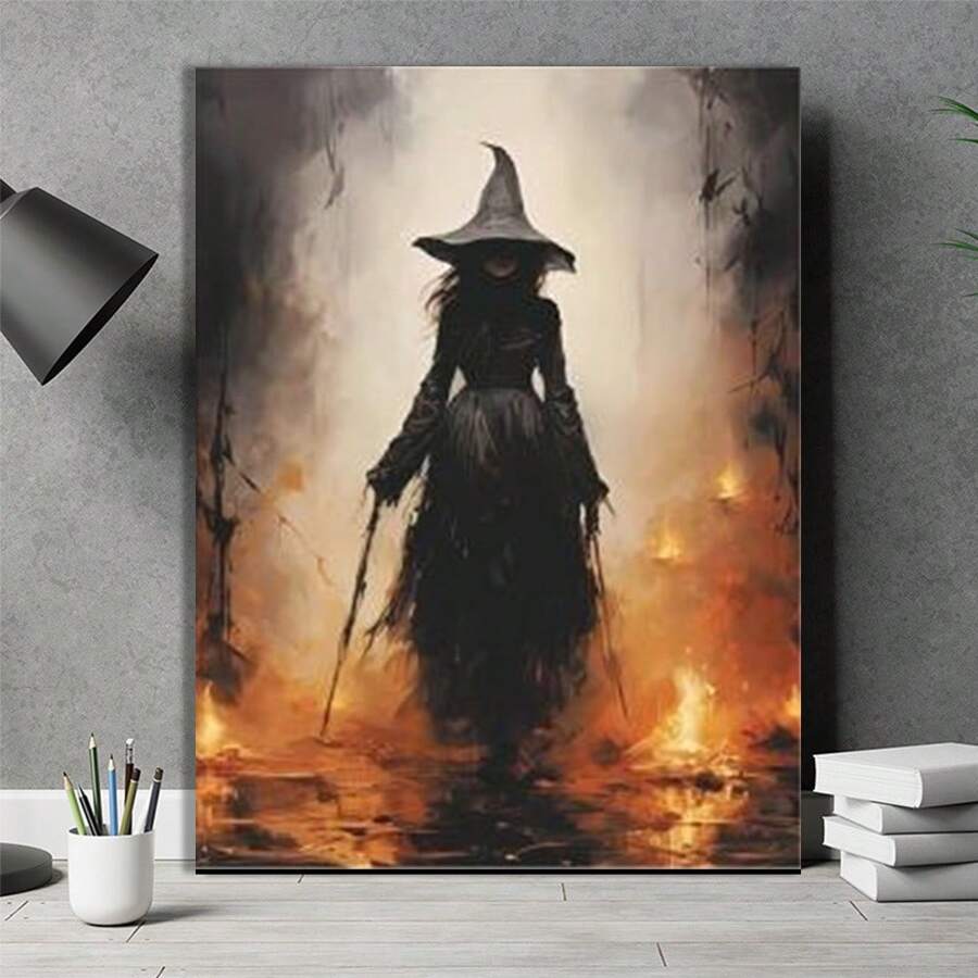 1 Pc Wooden Framed Halloween Wall Art Canvas Posters Set, Vertical Art Deco Witch & Pumpkin Party Decor, Oblong Shape Spooky Ghost Bat Night Sc, Birthday Party Decor, Home Living Room Office Wall Decor, Perfect Gift