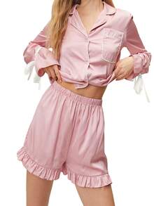 2pcs Women Pajama Set, Long Sleeve Bow Tie Collar Shirt And Shorts Sleepwear Homewear - Pink - View 5