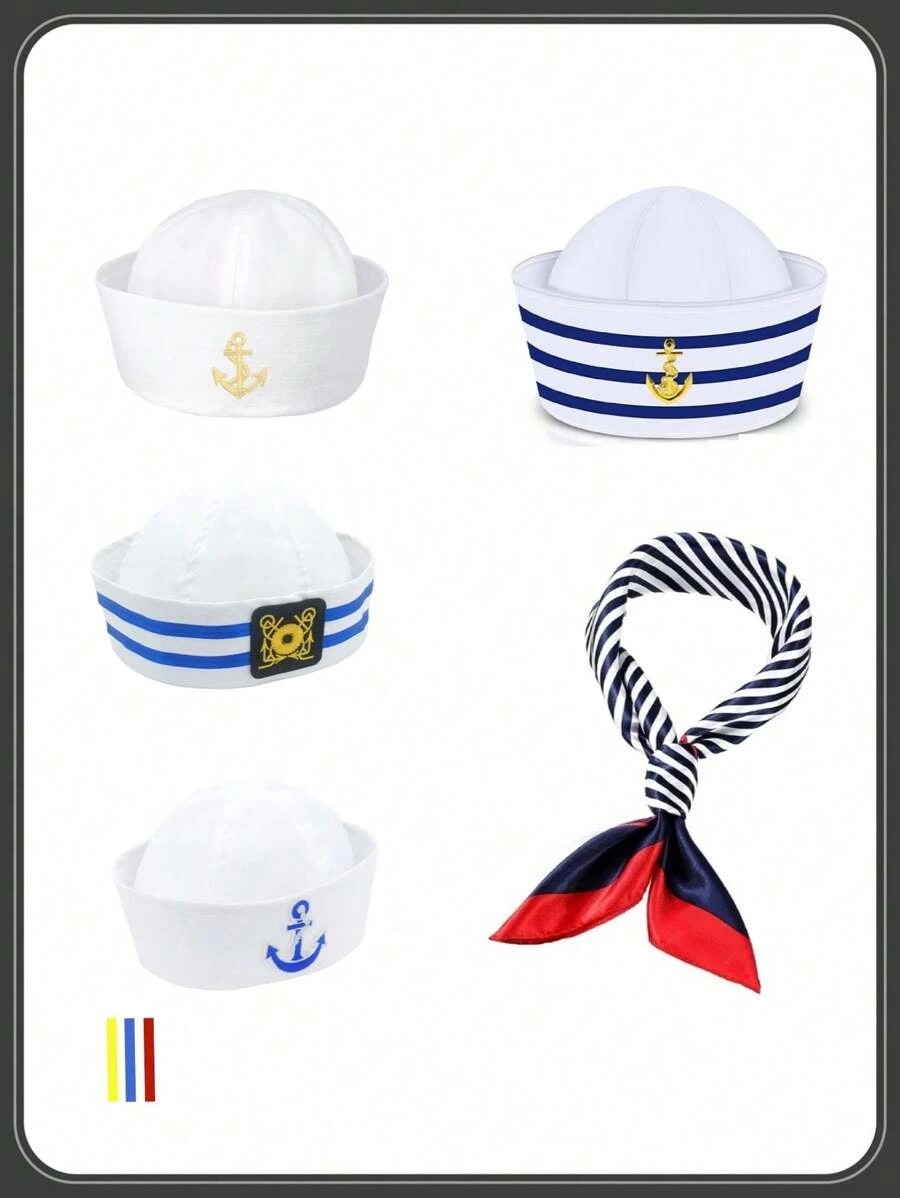 Sombrero de marinero blanco, gorra de capitán de marinero para hombres, mujeres, niñas, niños, bebés, accesorios de disfraz. Conjunto de sombrero y bufanda de marinero para mujeres y hombres, atuendo de marina azul con sombrero de marinero blanco, bufanda de marinero para disfraz de Halloween - Multicolor - Ver 1