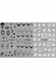 万圣节设计美甲贴纸发光可爱幽灵，闪光南瓜蝙蝠蜘蛛网，骷髅骨头自粘滑块装饰美甲 - 黑與白 - 查看 19