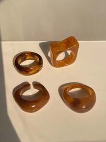 4pcs/Set Brown Geometric Resin Ring Set For Women - Multicolor - View 1