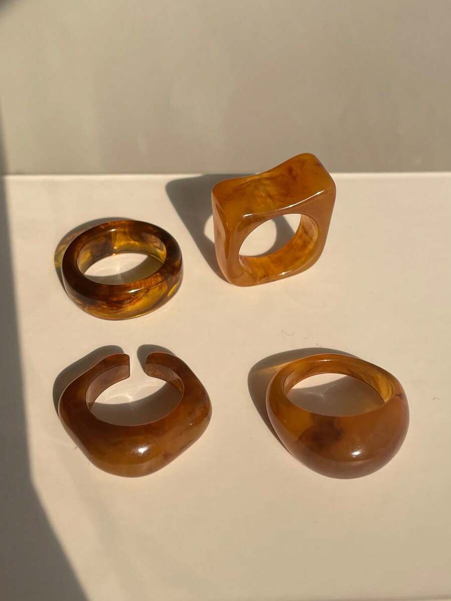 4pcs/Set Brown Geometric Resin Ring Set For Women - Multicolor - View 1