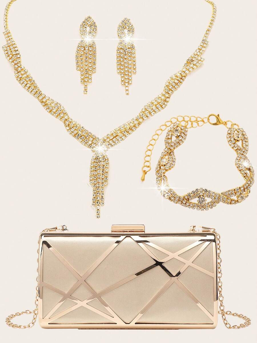 4 Pcs Women Crystal Jewelry Set Wedding Bling Evening Clutch Bag