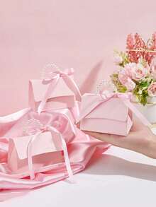 2pcs-Faux Pearl Decor Gift Bag, Simple Wrapping Bag For Party,Pearl Handle Decor Paper Gift Box,Exquisite Pink Gift Packaging Box For Valentine's Day Wedding Gift,Letterpress Printing Flower Candy Box Mini Packaging Bags Paper Box For Gift Set Box Small Gift Bags Wedding Favors Party Decor - Pink - View 5