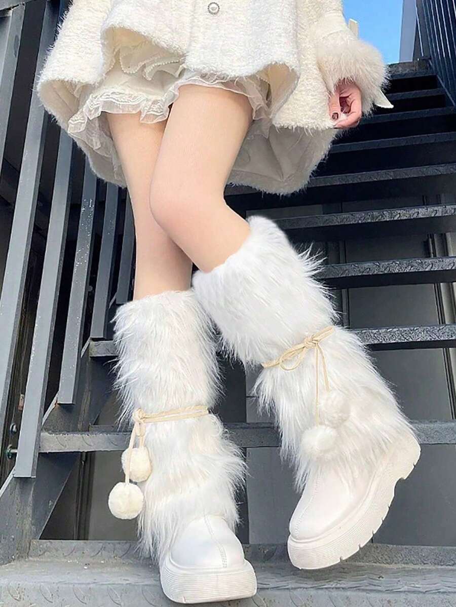 1 Pair Leg Warmers Y2k Sweet Cool Deerskin Rope Binding Socks JK Hottie Long Hair Pile Socks Autumn/Winter Imitation Fur Mid Tube Hairball Leg Cover - Beige - View 1