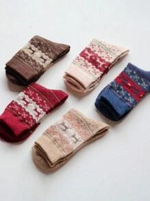 5 Pairs Winter Warm Women Christmas Socks With Golden Deer & Rabbit Wool Blended - Multicolor - View 5