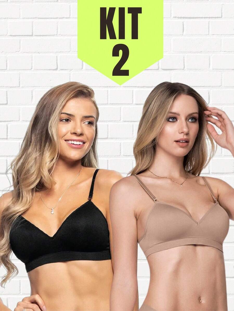 Kit 2 - Wire-Free Adjustable Thin Strap Fixed Cup Bra - Multicolor - View 1
