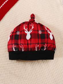 Baby Boy Christmas Holiday Gentleman Style Deer Print Bodysuit With Brace, Plaid Allover Deer Print Pants And Hat Set, Fall/Winter - White - View 8