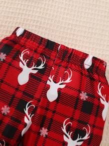 Baby Boy Christmas Holiday Gentleman Style Deer Print Bodysuit With Brace, Plaid Allover Deer Print Pants And Hat Set, Fall/Winter - White - View 6