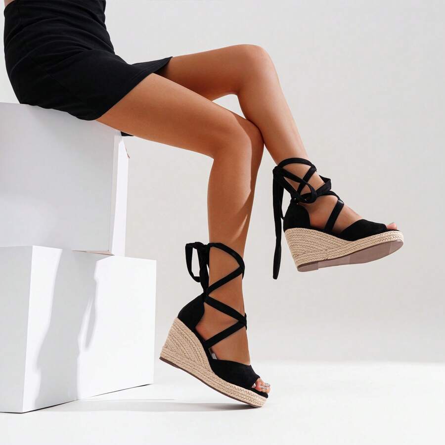 Comfyshoes Women's Rome Open Toe Espadrilles Platform Wedge Sandals - màu đen - Xem 1