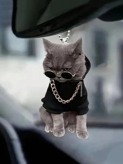 1 件黑色亚克力太阳镜猫设计装饰吊坠，适用于汽车后视镜、家居、包包装饰