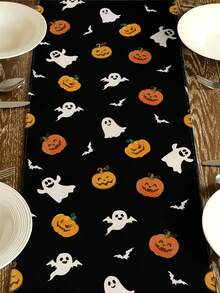 1 pieza Camino de mesa con diseño de fantasma, calabaza y murciélagos para Halloween, decoración de cocina espeluznante para fiestas, decoración de otoño para el hogar, suministros para fiestas de Halloween para interiores y exteriores - Multicolor - Ver 5
