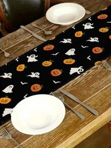 1 pieza Camino de mesa con diseño de fantasma, calabaza y murciélagos para Halloween, decoración de cocina espeluznante para fiestas, decoración de otoño para el hogar, suministros para fiestas de Halloween para interiores y exteriores - Multicolor - Ver 2