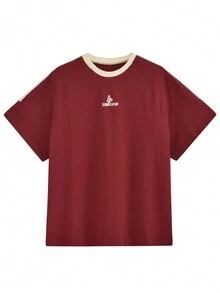 Women's Casual Letter Print Colorblock Round Neck Raglan Sleeve Loose T-Shirt, Summer Red - Red - View 2