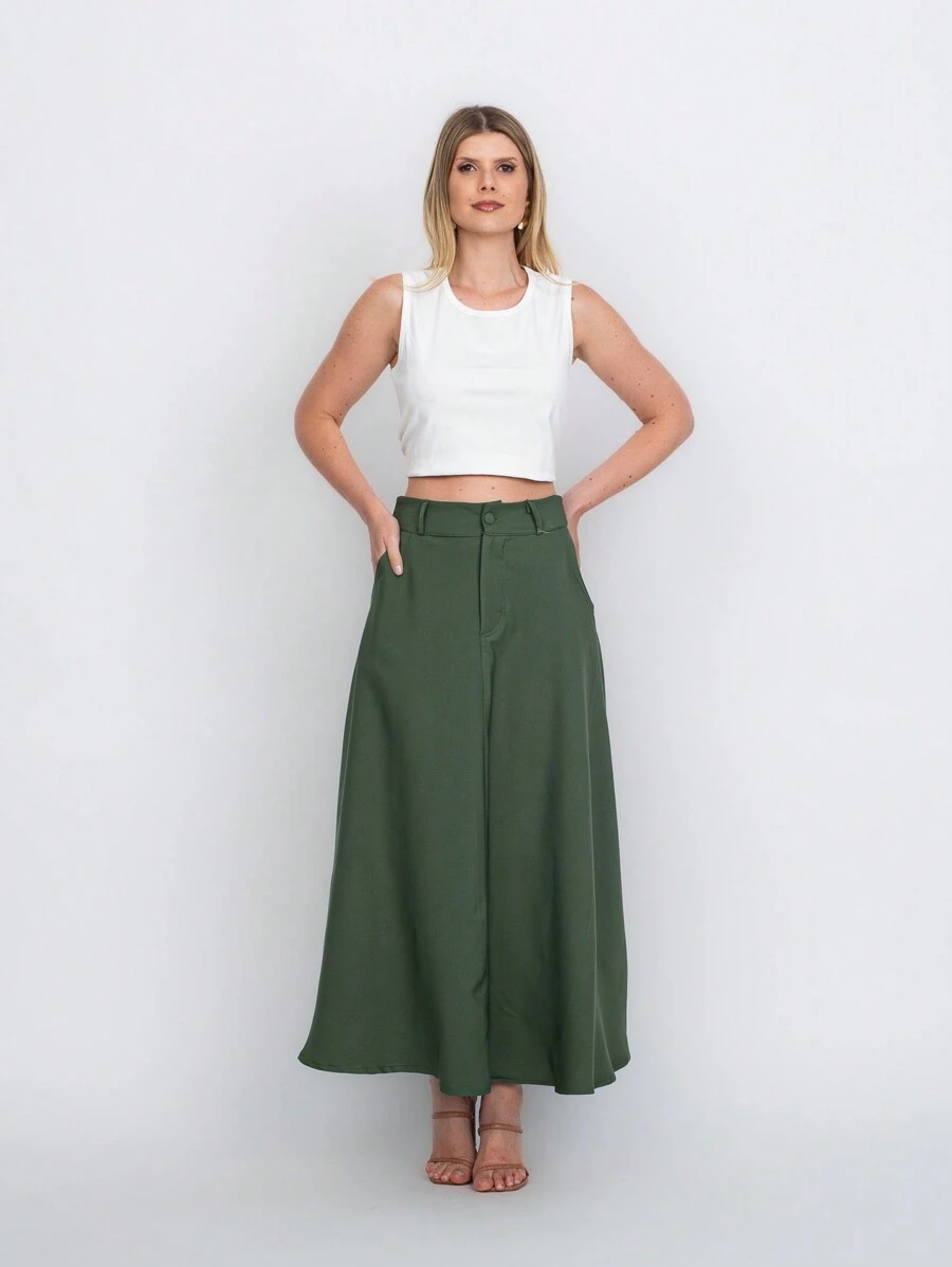 Tailored Skirt With Belt Loops (Without Belt) Code:3010 - Army Green - View 1