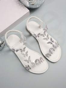 Women's Elegant Butterfly Sandals, Elastic Ankle Strap Lightweight Flat Vacation Shoes, White PVC Summer Beach Shoes - White - View 5